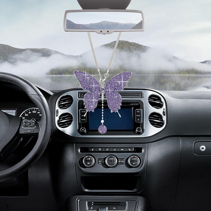Couslcd Bling Butterfly Diamond Car Accessories, Crystal Car Rear View Mirror Charms for Women, Car Decoration Lucky Gifts Hanging Interior Crystal Ornament Pendant Decor for All Cars (Purple) - Image 4